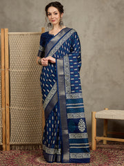 Women's Silk Blend Navy Blue Printed Designer Saree With Blouse Piece