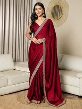 Women's Satin Maroon Embellished Ready to Wear With Blouse Piece