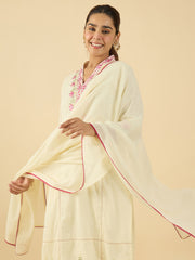 Off White Embroidered Straight Kurta Trousers With Dupatta Set