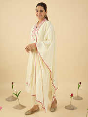 Off White Embroidered Straight Kurta Trousers With Dupatta Set