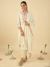 Off White Embroidered Straight Kurta Trousers With Dupatta Set