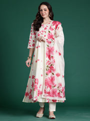 Off White Printed A-Line Kurta Trousers With Dupatta Set