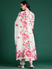 Off White Printed A-Line Kurta Trousers With Dupatta Set