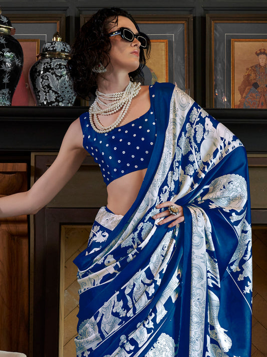 Women's Crepe Blue Printed Designer Saree With Blouse Piece