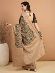 Women's Silk Blend Beige Printed Designer Saree With Blouse Piece