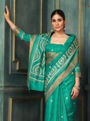 Women's Silk Blend Teal blue Printed Designer Saree With Blouse Piece