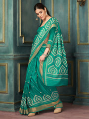 Women's Silk Blend Teal blue Printed Designer Saree With Blouse Piece