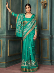 Women's Silk Blend Teal blue Printed Designer Saree With Blouse Piece