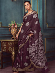 Women's Silk Blend Brown Printed Designer Saree With Blouse Piece