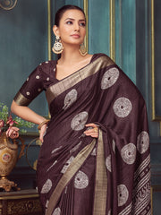 Women's Silk Blend Brown Printed Designer Saree With Blouse Piece