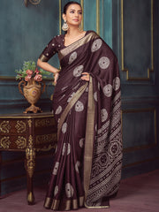 Women's Silk Blend Brown Printed Designer Saree With Blouse Piece