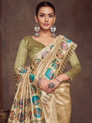 Women's Silk Cotton Beige Embroidered Designer Saree With Blouse Piece