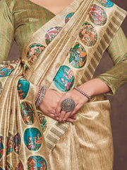 Women's Silk Cotton Beige Embroidered Designer Saree With Blouse Piece
