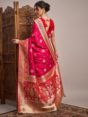 Women's Satin Silk Pink Woven Design Designer Saree With Blouse Piece