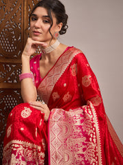 Women's Satin Silk Pink Woven Design Designer Saree With Blouse Piece