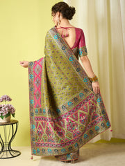 Women's Viscose Silk Olive Woven Design Designer Saree With Blouse Piece