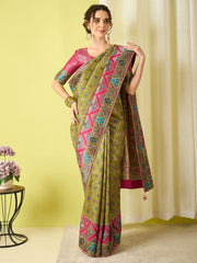 Women's Viscose Silk Olive Woven Design Designer Saree With Blouse Piece