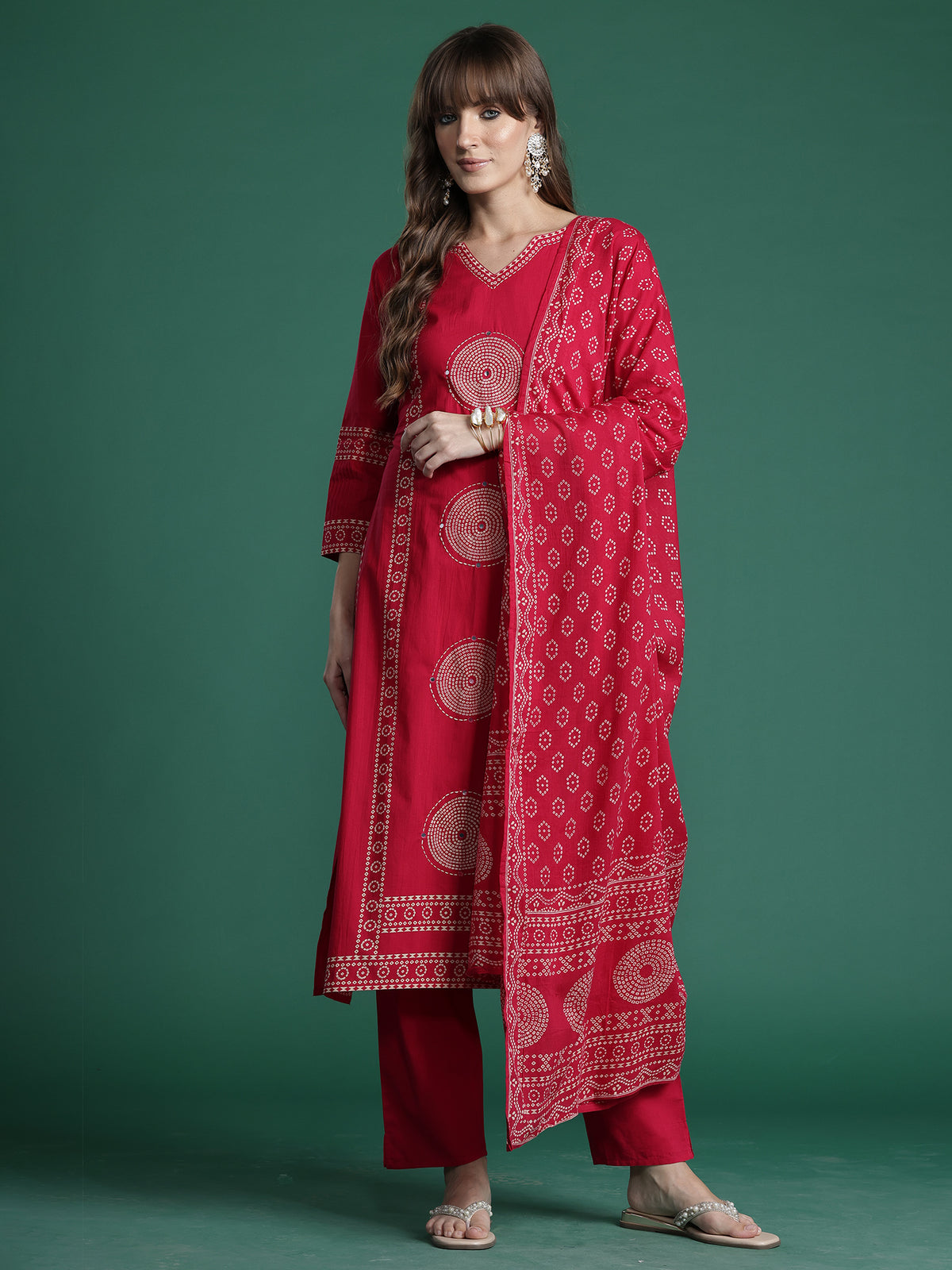 Pink Printed Straight Kurta Trousers With Dupatta Set-KH0RP10155