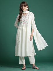 Off White Embroidered A-Line Kurta Trousers With Dupatta Set