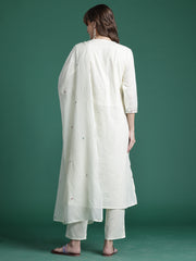 Off White Embroidered A-Line Kurta Trousers With Dupatta Set