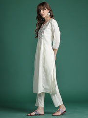 Off White Embroidered A-Line Kurta Trousers With Dupatta Set