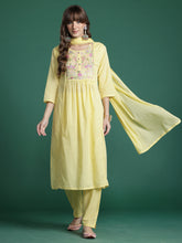 Yellow Embroidered A-Line Kurta Trousers With Dupatta Set