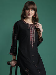 Black Embroidered Straight Kurta Trousers Set