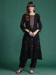 Black Embroidered Straight Kurta Trousers Set
