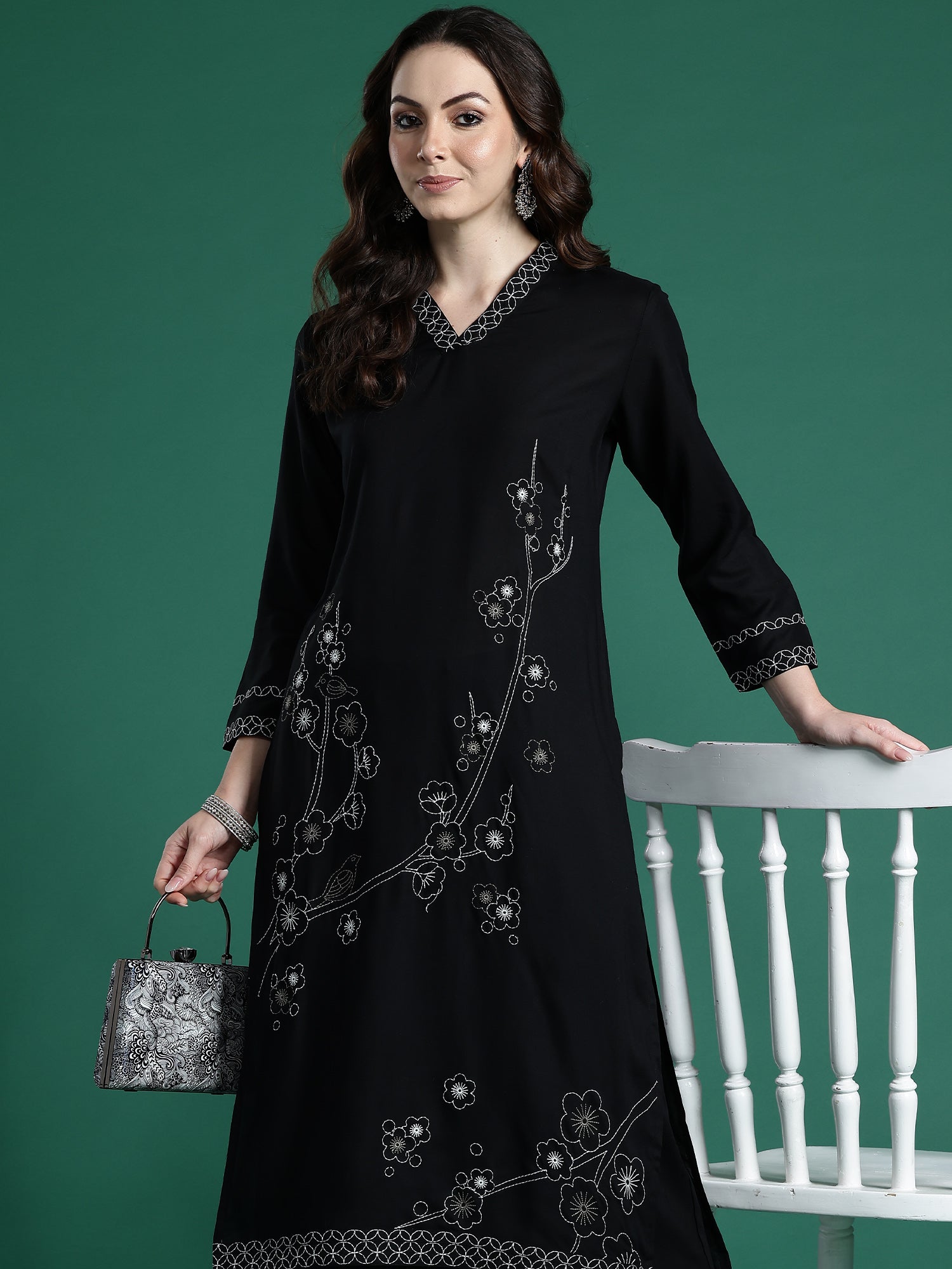 Black Embroidered Straight Kurta Trousers Set