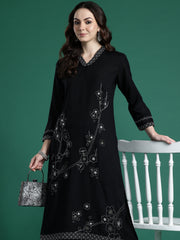 Black Embroidered Straight Kurta Trousers Set