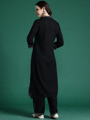 Black Embroidered Straight Kurta Trousers Set