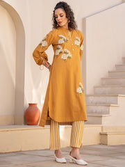 Mustard Embroidered Straight Kurta Trousers set
