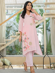 Pink Embroidered A-Line Kurta Trousers set