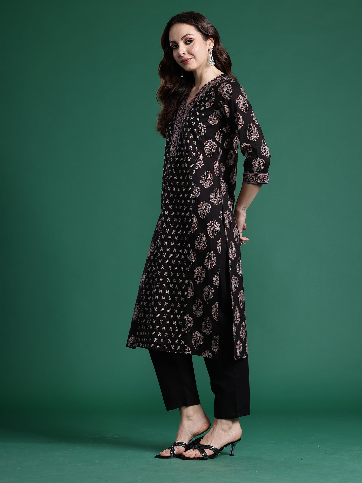 Black Printed Straight Kurta Trousers With Dupatta Set