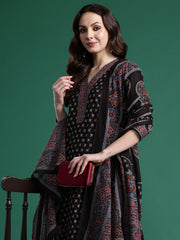 Black Printed Straight Kurta Trousers With Dupatta Set
