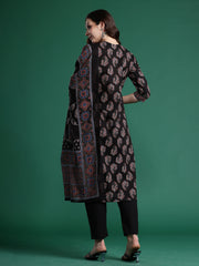Black Printed Straight Kurta Trousers With Dupatta Set