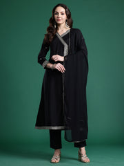 Black Embroidered A-Line Kurta Trousers With Dupatta set