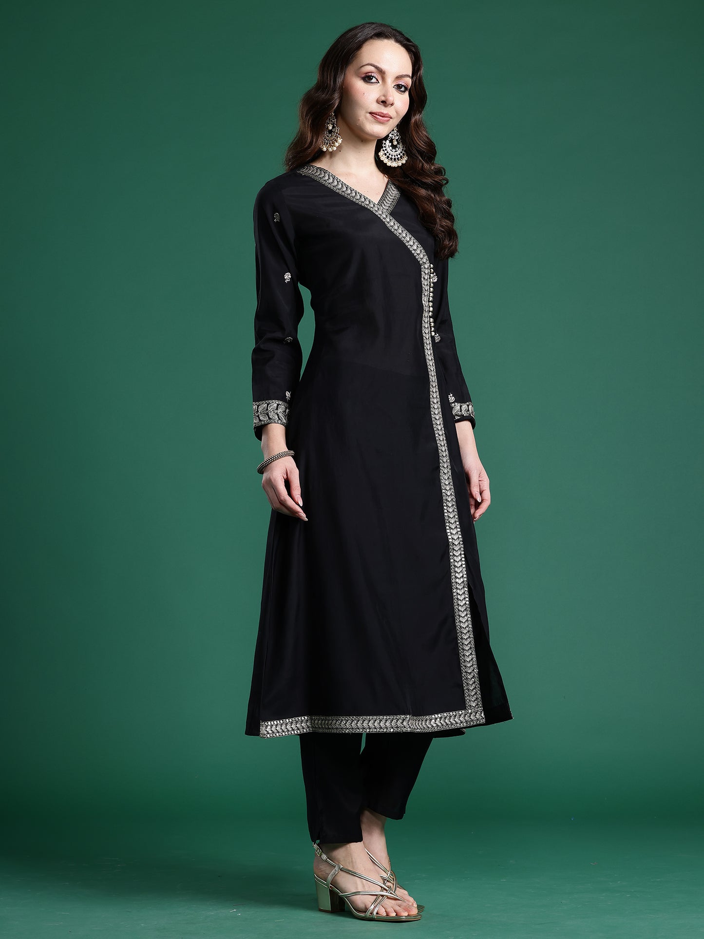 Black Embroidered A-Line Kurta Trousers With Dupatta set