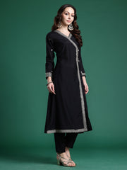 Black Embroidered A-Line Kurta Trousers With Dupatta set