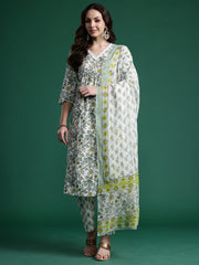White Printed A-Line Kurta Trousers With Dupatta Set