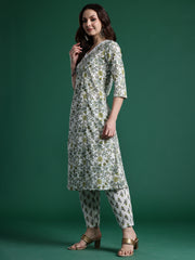 White Printed A-Line Kurta Trousers With Dupatta Set