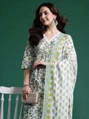 White Printed A-Line Kurta Trousers With Dupatta Set