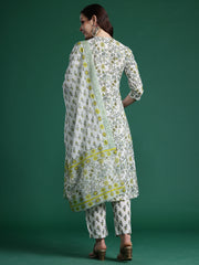 White Printed A-Line Kurta Trousers With Dupatta Set