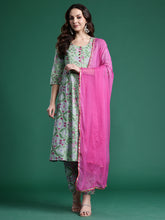 Green Printed A-Line Kurta Trousers With Dupatta Set