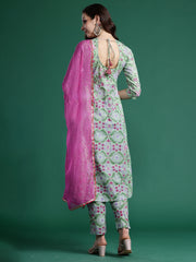 Green Printed A-Line Kurta Trousers With Dupatta Set