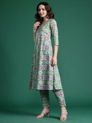 Green Printed A-Line Kurta Trousers With Dupatta Set