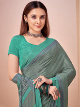 ساري نسائي مطبوع عليه صورة باللون الأخضر البحري من الكريب مع قطعة بلوزة