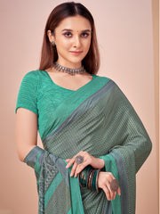 ساري نسائي مطبوع عليه صورة باللون الأخضر البحري من الكريب مع قطعة بلوزة