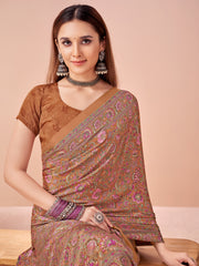 Women's Crepe Brown Printed Designer Saree With Blouse Piece