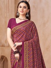 ساري نسائي من الكريب مطبوع باللون الأرجواني بتصميم أنيق مع قطعة بلوزة